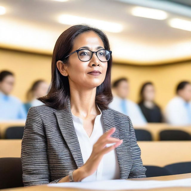 A sophisticated female professor, steeped in knowledge of linguistics, passionately discussing the nuance of language development in various cultures around the world, in an elegant lecture hall