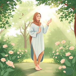 An illustration depicting the theme of health and wellness, focusing on a person dressed in modest, covered clothing