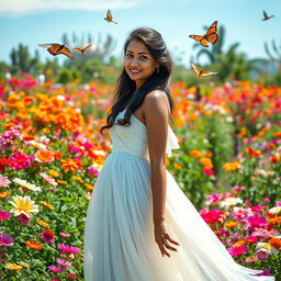 A stunning Indian woman, age 18, standing gracefully in a vibrant flower garden filled with colorful blooms