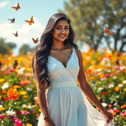 A stunning Indian woman, age 18, standing gracefully in a vibrant flower garden filled with colorful blooms