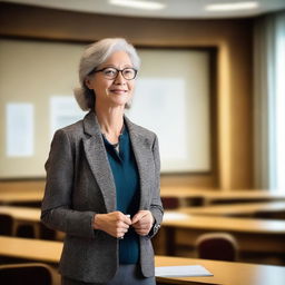 A sophisticated female professor, steeped in knowledge of linguistics, passionately discussing the nuance of language development in various cultures around the world, in an elegant lecture hall