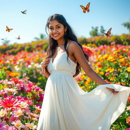 A stunning Indian woman, age 18, standing gracefully in a vibrant flower garden filled with colorful blooms