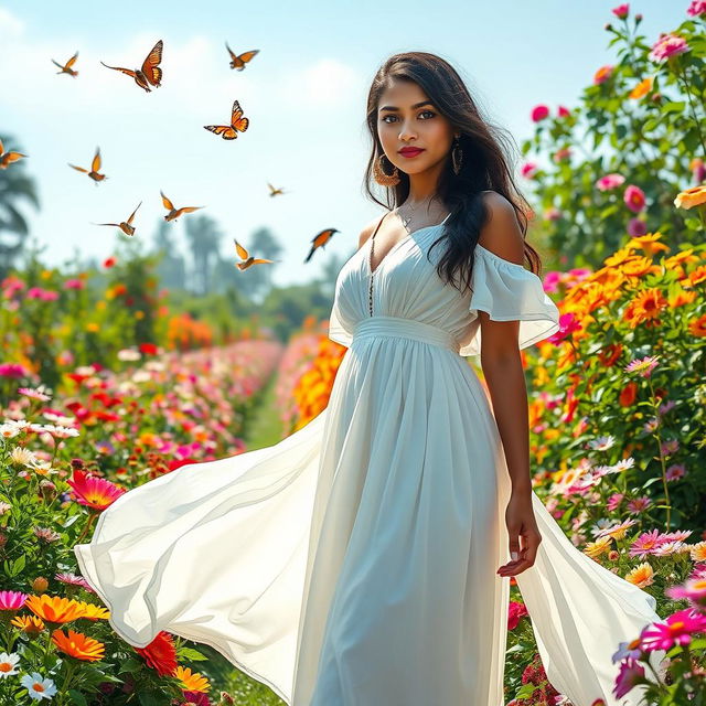 A stunning Indian woman, age 18, standing gracefully in a vibrant flower garden filled with colorful blooms