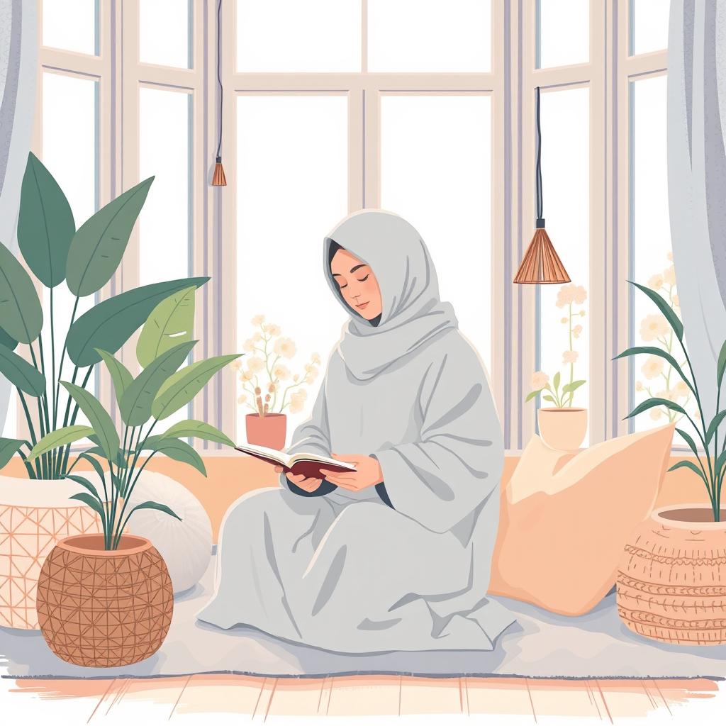 An illustration that captures the concept of mental health, featuring a person dressed in modest, covered clothing