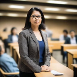 A sophisticated female professor, steeped in knowledge of linguistics, passionately discussing the nuance of language development in various cultures around the world, in an elegant lecture hall