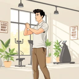 An illustration representing the theme of physical health, featuring a person dressed in modest, polite clothing