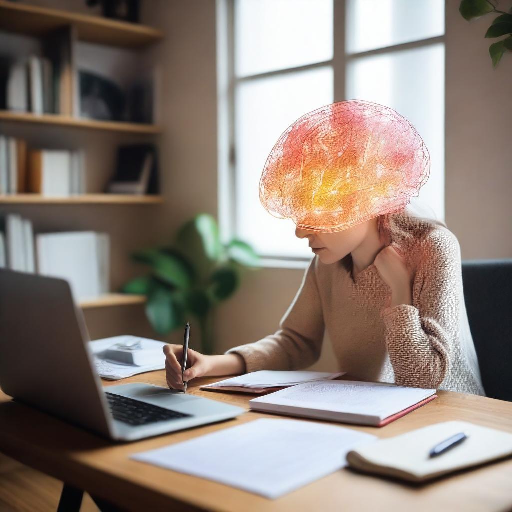 A woman fully engrossed in studying the neural basis of language learning, surrounded by books, a laptop displaying a 3D brain model and research papers, in a cozy home-study environment