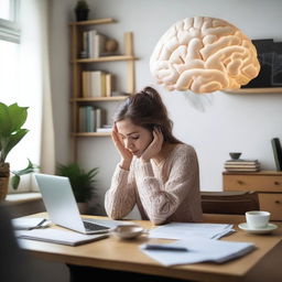 A woman fully engrossed in studying the neural basis of language learning, surrounded by books, a laptop displaying a 3D brain model and research papers, in a cozy home-study environment