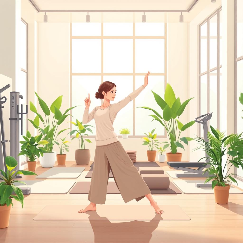 An illustration representing the theme of physical health, featuring a person dressed in modest, polite clothing, engaging in a fitness activity