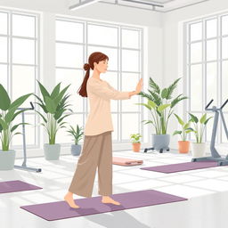 An illustration representing the theme of physical health, featuring a person dressed in modest, polite clothing, engaging in a fitness activity
