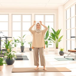 An illustration representing the theme of physical health, featuring a person dressed in modest, polite clothing, engaging in a fitness activity