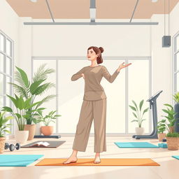 An illustration representing the theme of physical health, featuring a person dressed in modest, polite clothing, engaging in a fitness activity
