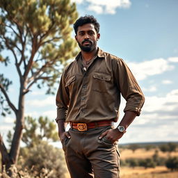 A dignified 29-year-old Australian Aboriginal man from the 1800s stands proud and confident