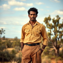 A dignified 29-year-old Australian Aboriginal man from the 1800s stands proud and confident