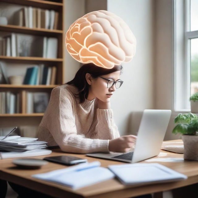 A woman fully engrossed in studying the neural basis of language learning, surrounded by books, a laptop displaying a 3D brain model and research papers, in a cozy home-study environment