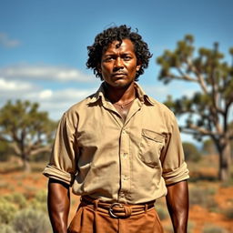 A dignified 29-year-old Australian Aboriginal man from the 1800s stands proud and confident