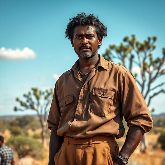 A dignified 29-year-old Australian Aboriginal man from the 1800s stands proud and confident