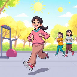 A vibrant cartoon illustration focusing on the theme of physical health, featuring a character dressed in modest, polite clothing engaging in a fun fitness activity