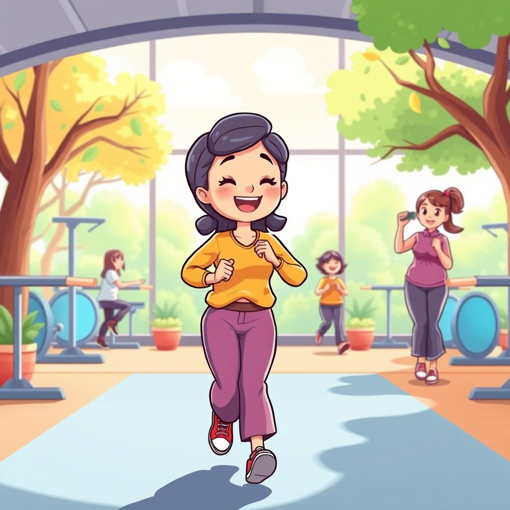 A vibrant cartoon illustration focusing on the theme of physical health, featuring a character dressed in modest, polite clothing engaging in a fun fitness activity