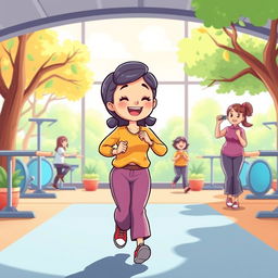 A vibrant cartoon illustration focusing on the theme of physical health, featuring a character dressed in modest, polite clothing engaging in a fun fitness activity