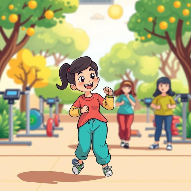 A vibrant cartoon illustration focusing on the theme of physical health, featuring a character dressed in modest, polite clothing engaging in a fun fitness activity