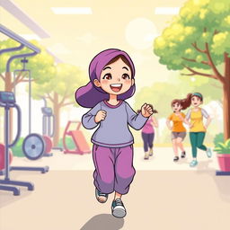 A vibrant cartoon illustration focusing on the theme of physical health, featuring a character dressed in modest, polite clothing engaging in a fun fitness activity