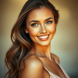 A portrait of the most beautiful woman, featuring flawless skin, bright captivating eyes, and luxurious flowing hair
