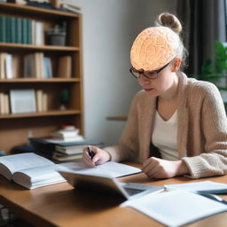 A woman fully engrossed in studying the neural basis of language learning, surrounded by books, a laptop displaying a 3D brain model and research papers, in a cozy home-study environment