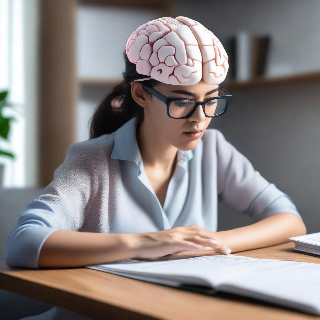 A determined woman deeply focused on studying neuro-linguistics, using an interactive 3D model of human brain with highlighted language related regions and several language theory books scattered on her desk