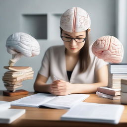 A determined woman deeply focused on studying neuro-linguistics, using an interactive 3D model of human brain with highlighted language related regions and several language theory books scattered on her desk