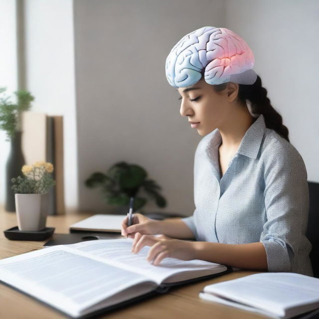 A determined woman deeply focused on studying neuro-linguistics, using an interactive 3D model of human brain with highlighted language related regions and several language theory books scattered on her desk