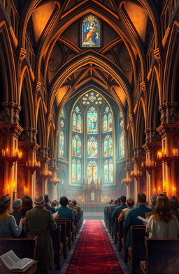 A detailed and visually rich illustration of an ancient church interior, showcasing intricate historical architecture with high arched ceilings, stained glass windows casting colorful light, and beautifully carved wooden pews