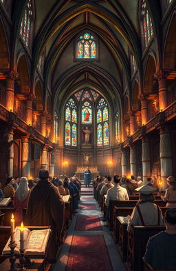 A detailed and visually rich illustration of an ancient church interior, showcasing intricate historical architecture with high arched ceilings, stained glass windows casting colorful light, and beautifully carved wooden pews