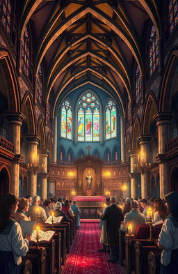 A detailed and visually rich illustration of an ancient church interior, showcasing intricate historical architecture with high arched ceilings, stained glass windows casting colorful light, and beautifully carved wooden pews
