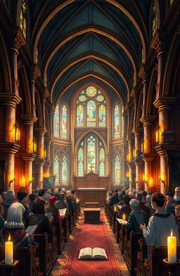 A detailed and visually rich illustration of an ancient church interior, showcasing intricate historical architecture with high arched ceilings, stained glass windows casting colorful light, and beautifully carved wooden pews