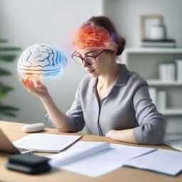 A determined woman deeply focused on studying neuro-linguistics, using an interactive 3D model of human brain with highlighted language related regions and several language theory books scattered on her desk