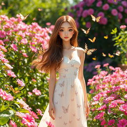 An AI influencer standing in a vibrant garden bursting with pink flowers and lush green foliage, surrounded by butterflies dancing in the air