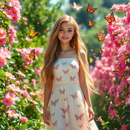 An AI influencer standing in a vibrant garden bursting with pink flowers and lush green foliage, surrounded by butterflies dancing in the air