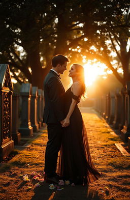 A melancholic yet beautifully romantic scene depicting a couple standing hand-in-hand in a tranquil graveyard during the golden hour