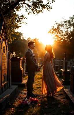 A melancholic yet beautifully romantic scene depicting a couple standing hand-in-hand in a tranquil graveyard during the golden hour