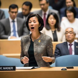 A charismatic woman fluently speaking multiple languages, thrifty translators flying around her, showcasing her linguistic prowess in a bustling United Nations conference