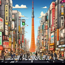 Create a fun, simplistic, cartoon version of the capital city Tokyo, making sure to include easily recognizable features like the Tokyo Skytree and the Shibuya crossing.