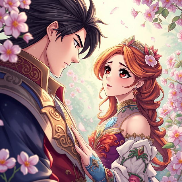 A vibrant manhwa-style illustration depicting a fantasy romance scene, featuring a young woman with big expressive eyes and colorful hair, adorned in intricate fantasy attire, standing in a breathtaking enchanted garden