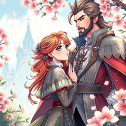 A vibrant manhwa-style illustration depicting a fantasy romance scene, featuring a young woman with big expressive eyes and colorful hair, adorned in intricate fantasy attire, standing in a breathtaking enchanted garden