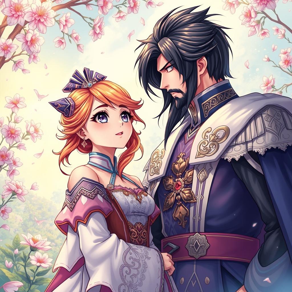 A vibrant manhwa-style illustration depicting a fantasy romance scene, featuring a young woman with big expressive eyes and colorful hair, adorned in intricate fantasy attire, standing in a breathtaking enchanted garden