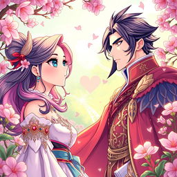 A vibrant manhwa-style illustration depicting a fantasy romance scene, featuring a young woman with big expressive eyes and colorful hair, adorned in intricate fantasy attire, standing in a breathtaking enchanted garden