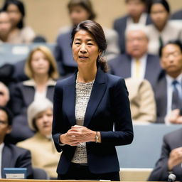 A charismatic woman fluently speaking multiple languages, thrifty translators flying around her, showcasing her linguistic prowess in a bustling United Nations conference