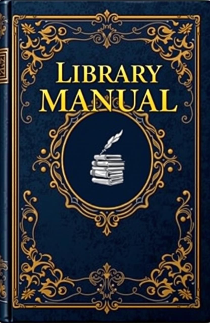 An intricately designed book cover for a library manual, resembling a majestic compendium