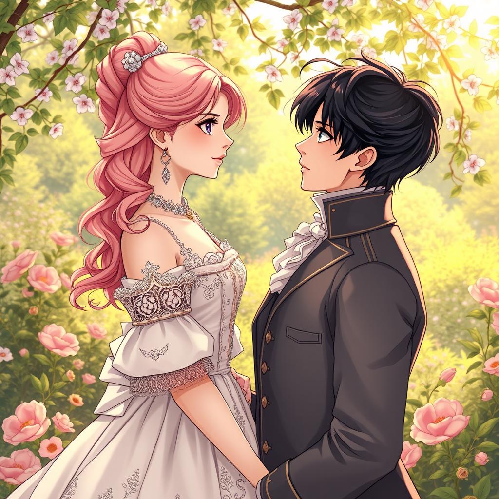 A detailed manhwa-style illustration set in 1800s Europe, portraying a fantasy romance between a 19-year-old girl and a grand duke