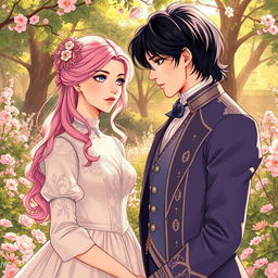 A detailed manhwa-style illustration set in 1800s Europe, portraying a fantasy romance between a 19-year-old girl and a grand duke